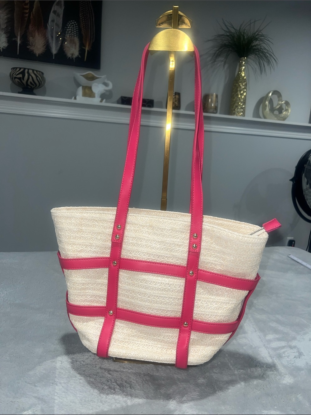 Le Miel Woven Straw and Faux Leather shoulder bag/tote